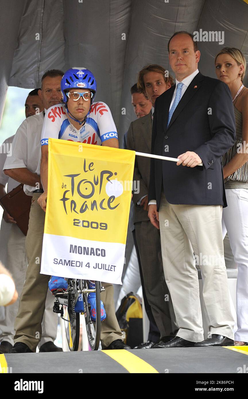 Crown Prince Albert of Monaco prepares to start the first day's racing in the Tour De France 2009 for the individual time trials during the Tour de France in Monaco. Stock Photo