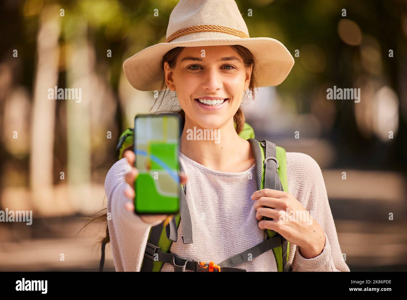 Hiking, phone and woman with gps, map and navigation app on screen