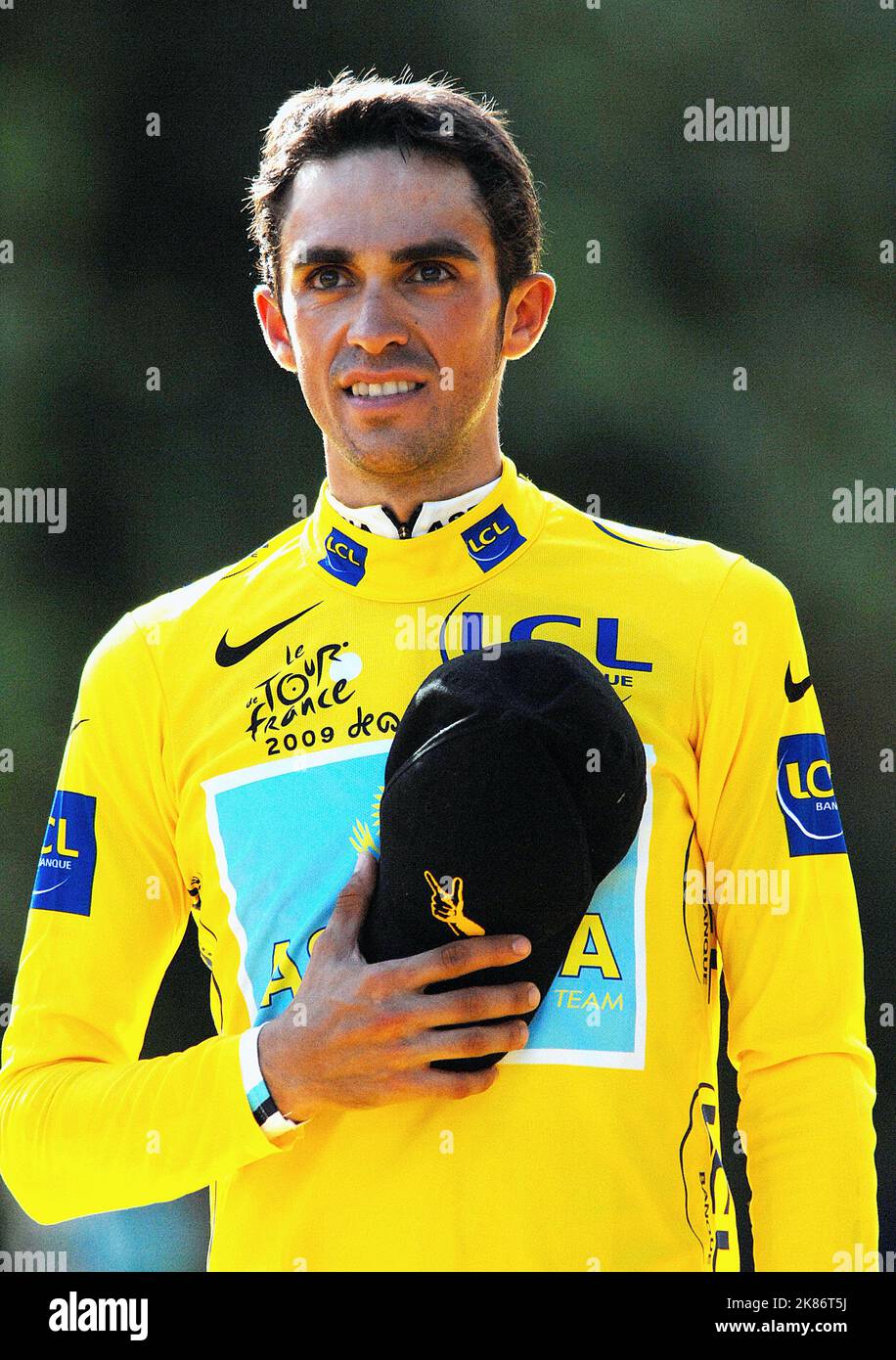 Tour de France winner Alberto Contador on the podium after the twenty