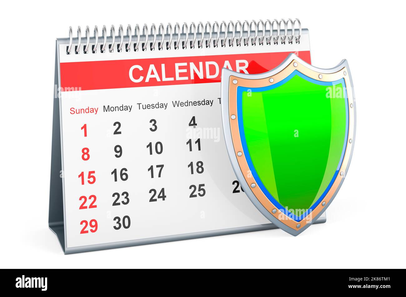 Desk calendar with shield, 3D rendering isolated on white background