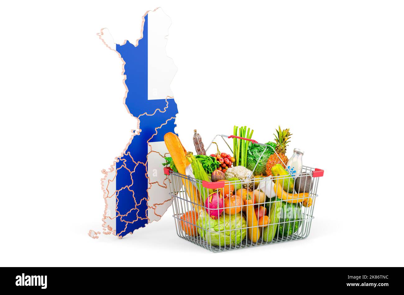 Purchasing power and market basket in Finland concept. Shopping basket with Finnish map, 3D rendering isolated on white background Stock Photo