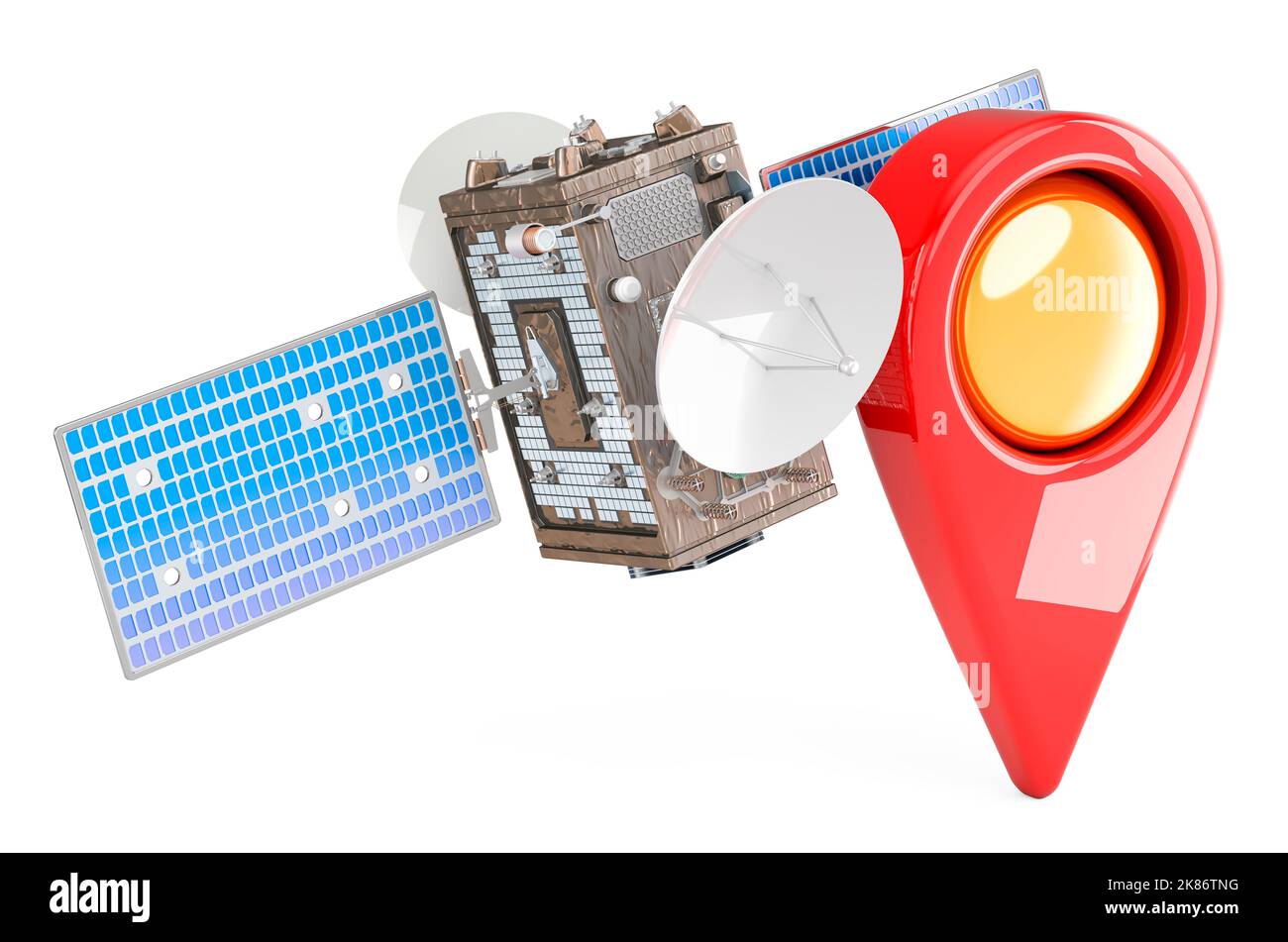 Satellite with map pointer, 3D rendering isolated on white background ...