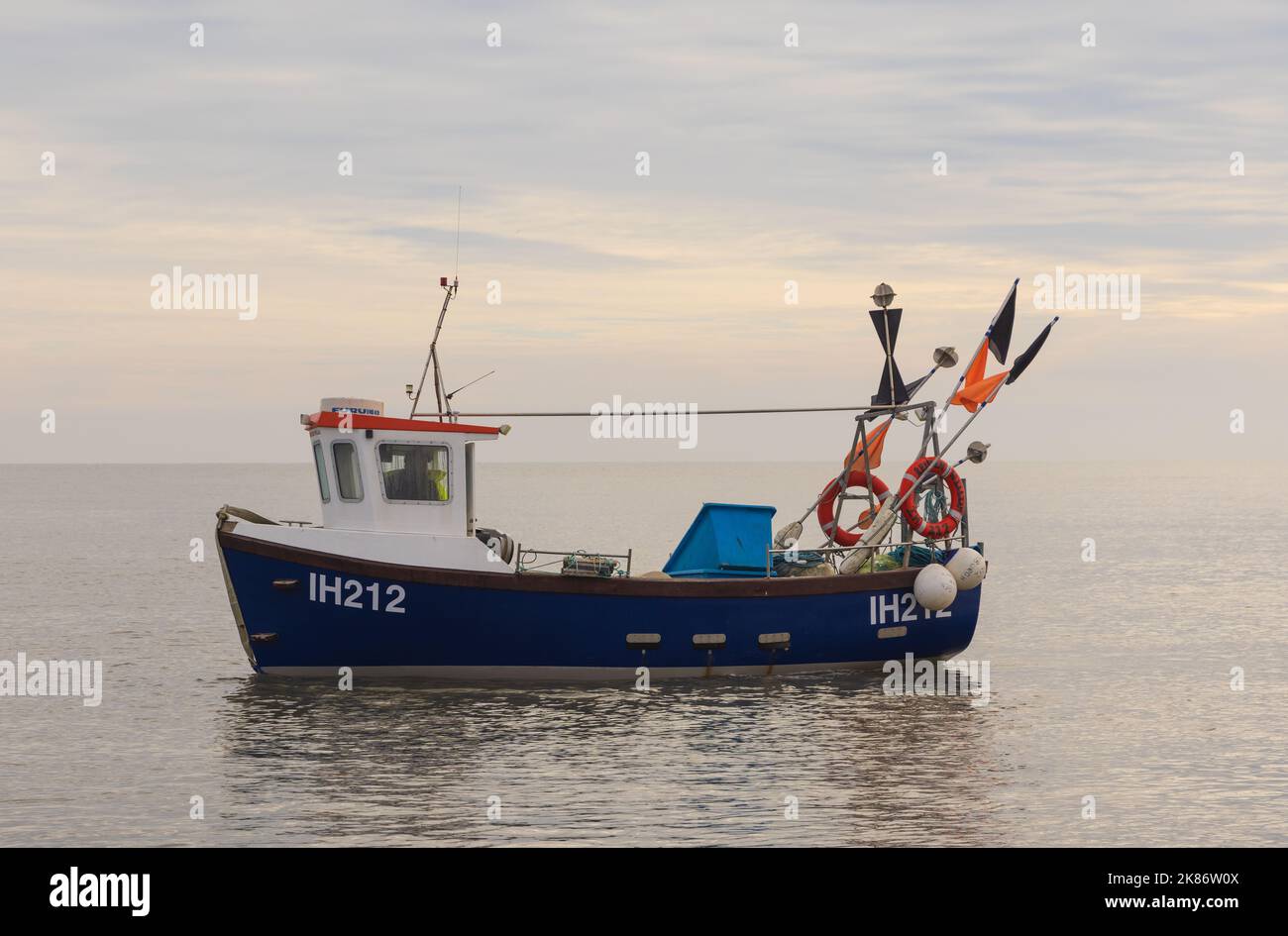 The Reuben William fishing boat at sea off Aldeburgh Beach. Suffolk. UK Stock Photo