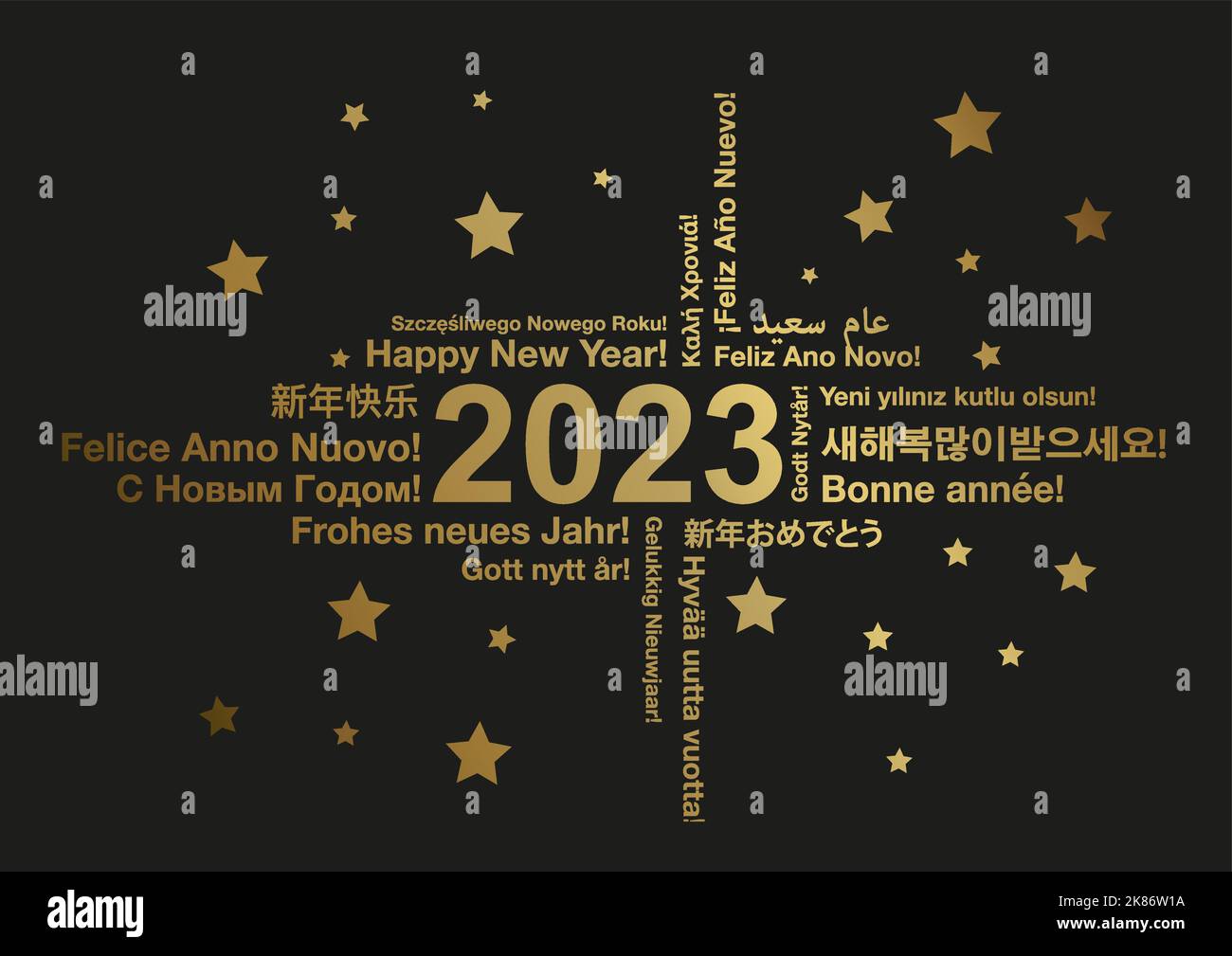 Happy New Year 2023 in different languages word cloud greeting card concept, vector illustration Stock Vector