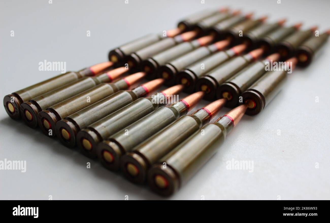 Union Cartridges In Caliber 5.45 Laid Out Eight In A Rows Studio Isolated Angle View Stock Photo
