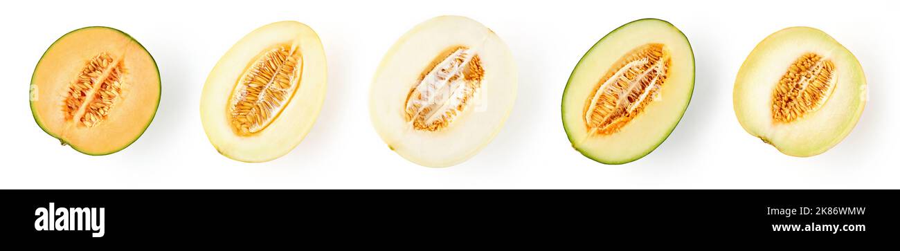 Various Melon halves isolated on white background, top view Stock Photo