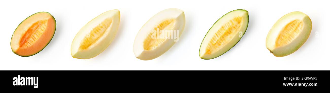 Various Melon slices isolated on white background, top view Stock Photo