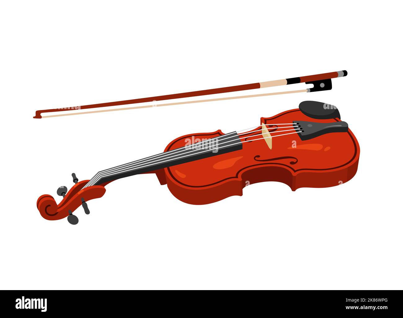 Vector illustration of wooden violin with bow. Stock Vector