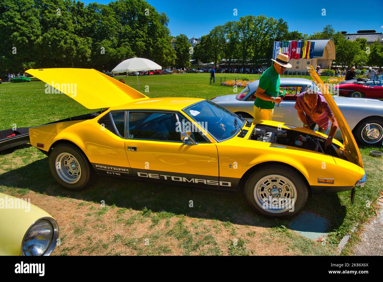BADEN BADEN GERMANY JULY 2022 - Baden Baden Germany July 2022 Yellow 1971 Detomaso Pantera Sport Car Oldtimer Meeting In Kurpark 2K86X6X