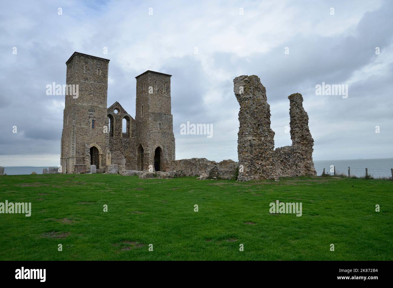 The ruined St. Mary's Church at Reculver on the Kent coast. It was partly demolished in 1809. Stock Photo