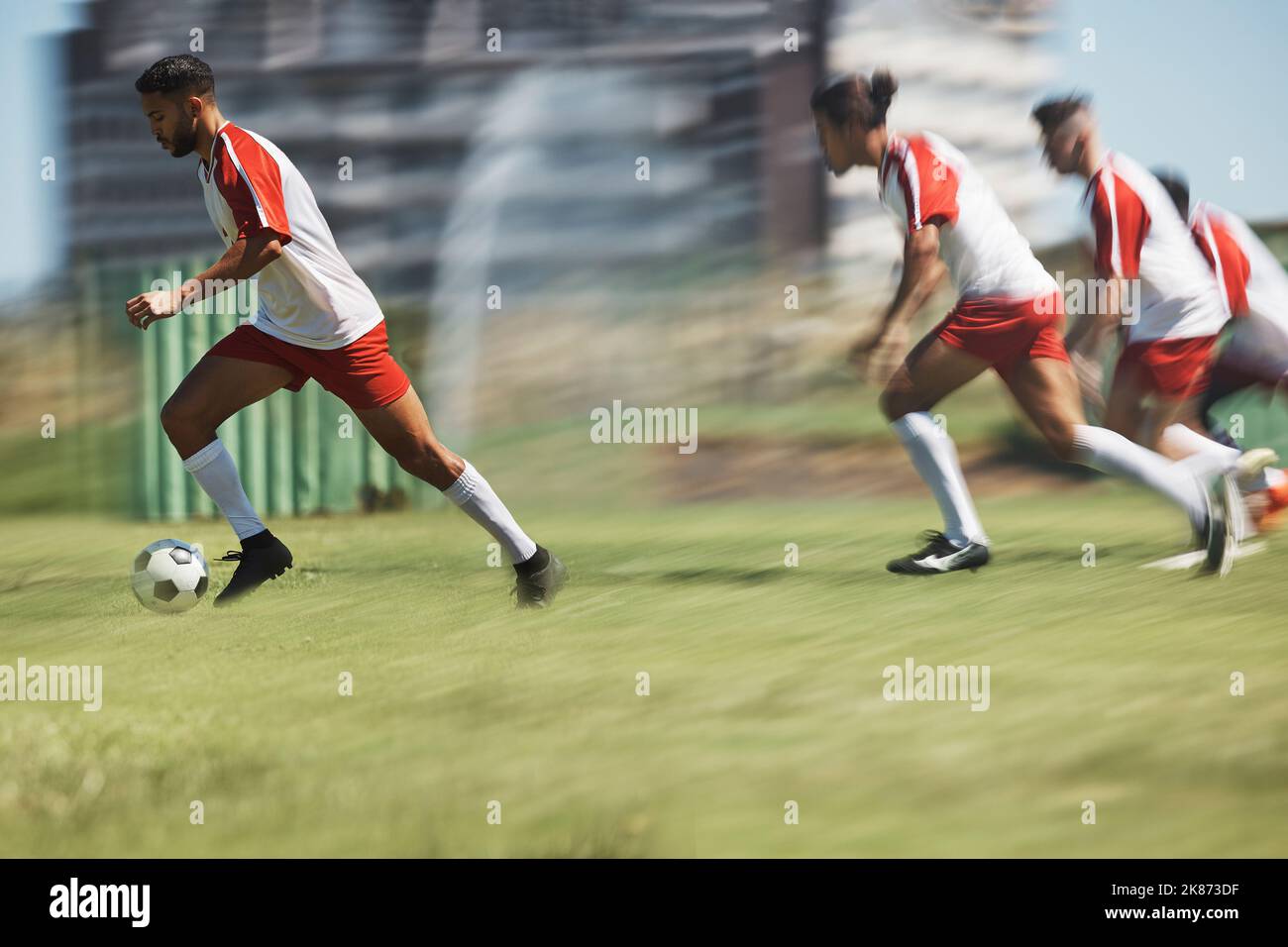 Soccer, team sports game and teamwork of men busy with football