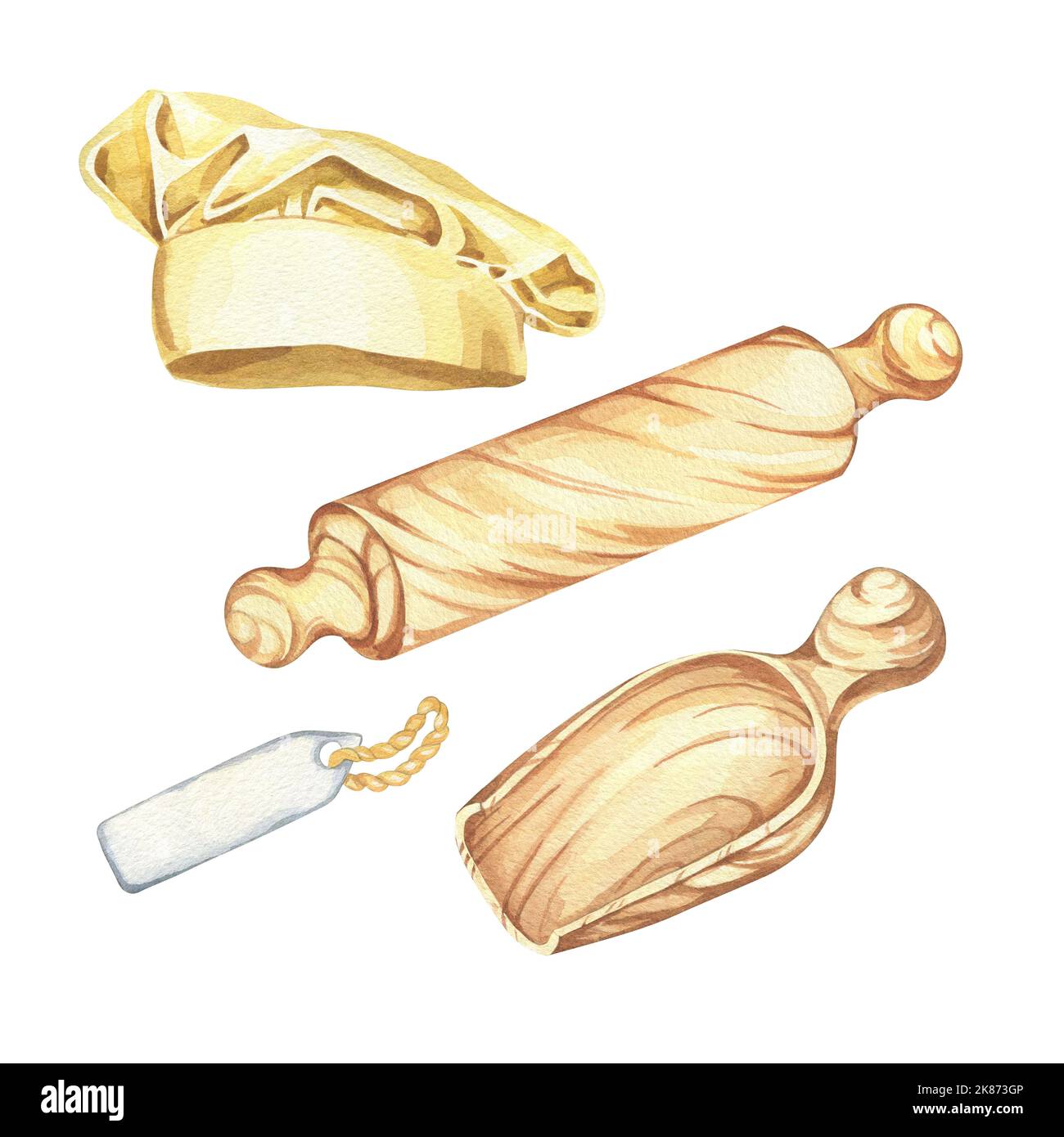 watercolor illustration. wooden supplies for the pastry chef. kitchen