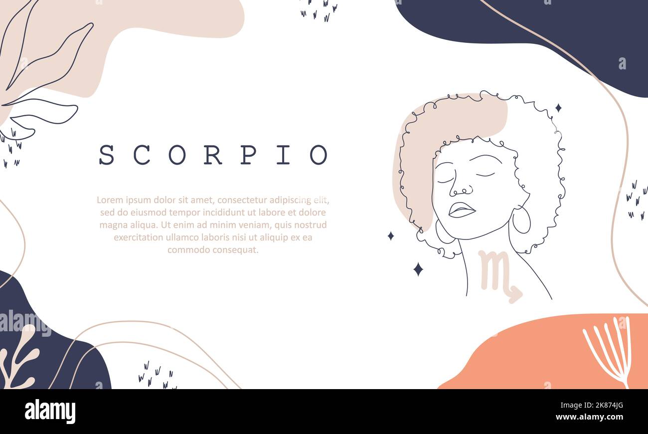 Scorpio zodiac sign. One line drawing. Astrological icon with abstract woman face. Mystery and esoteric outline background. Astrology horizontal Stock Vector