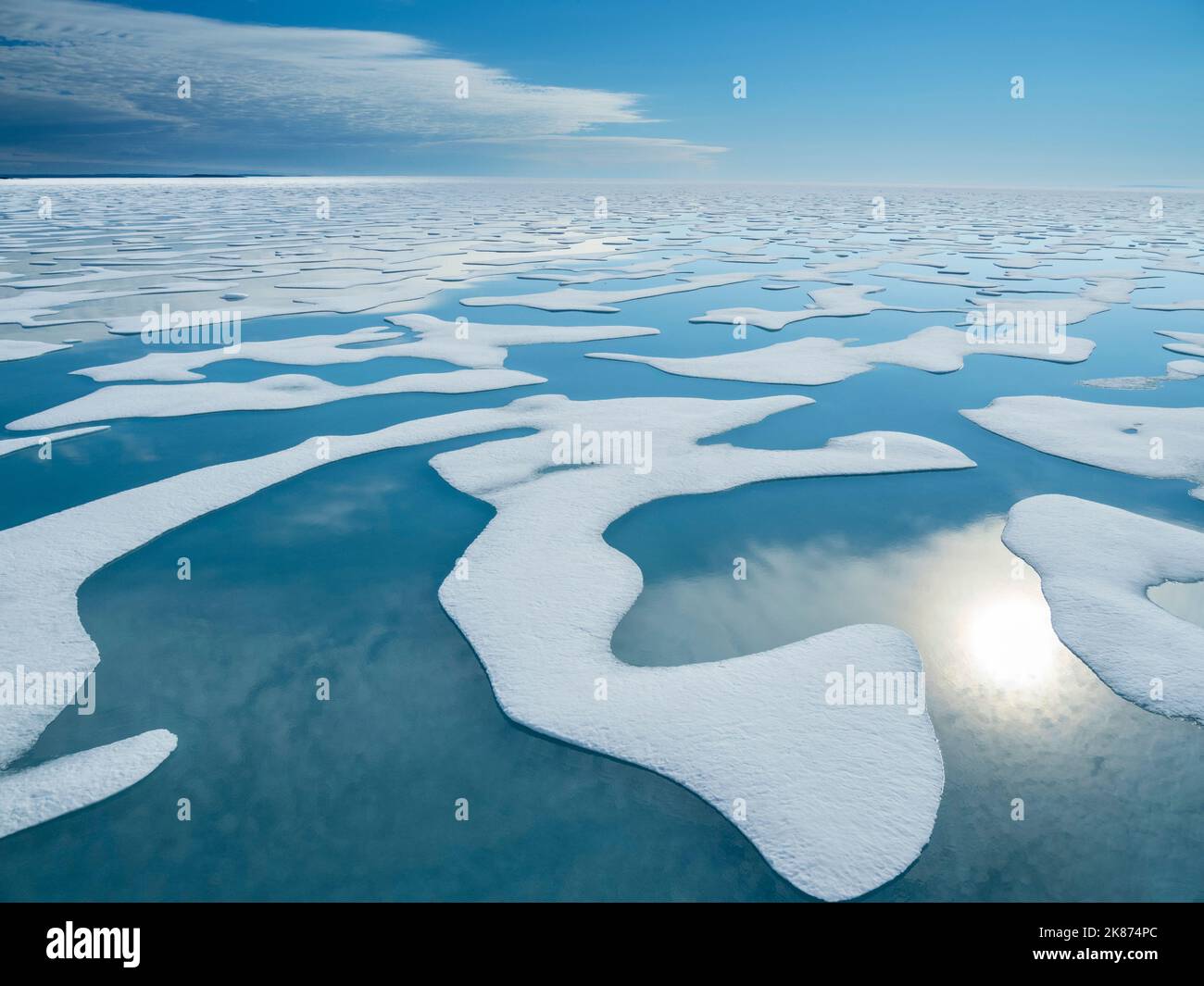 Melt water pools in the 10/10ths pack ice in McClintock Channel, Northwest Passage, Nunavut, Canada, North America Stock Photo