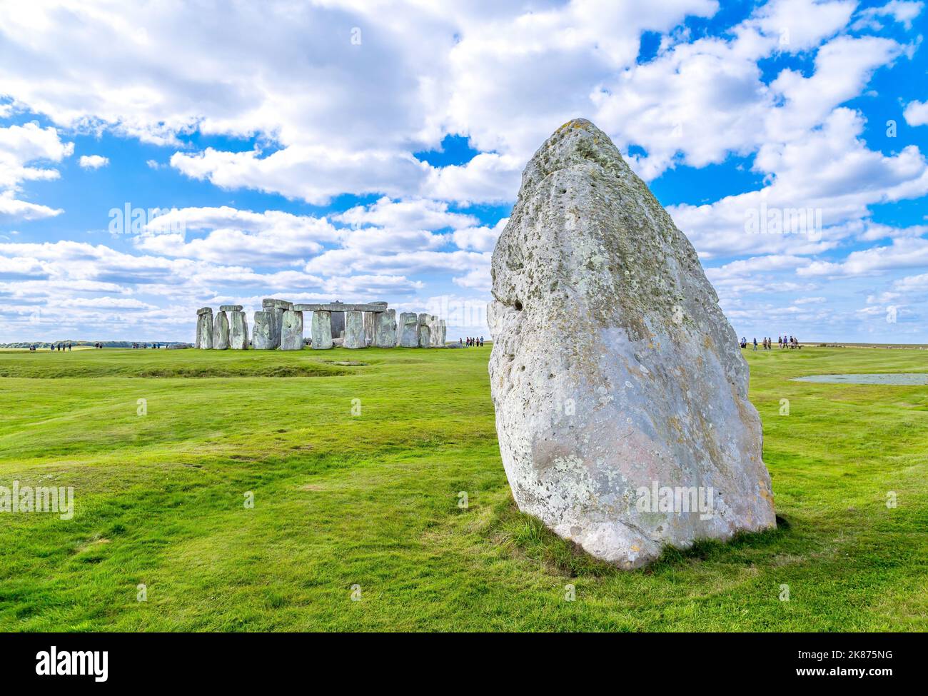 The Heel Stone and Stonehenge Prehistoric Monument, UNESCO World Heritage Site, near Amesbury, Wiltshire, England, United Kingdom, Europe Stock Photo