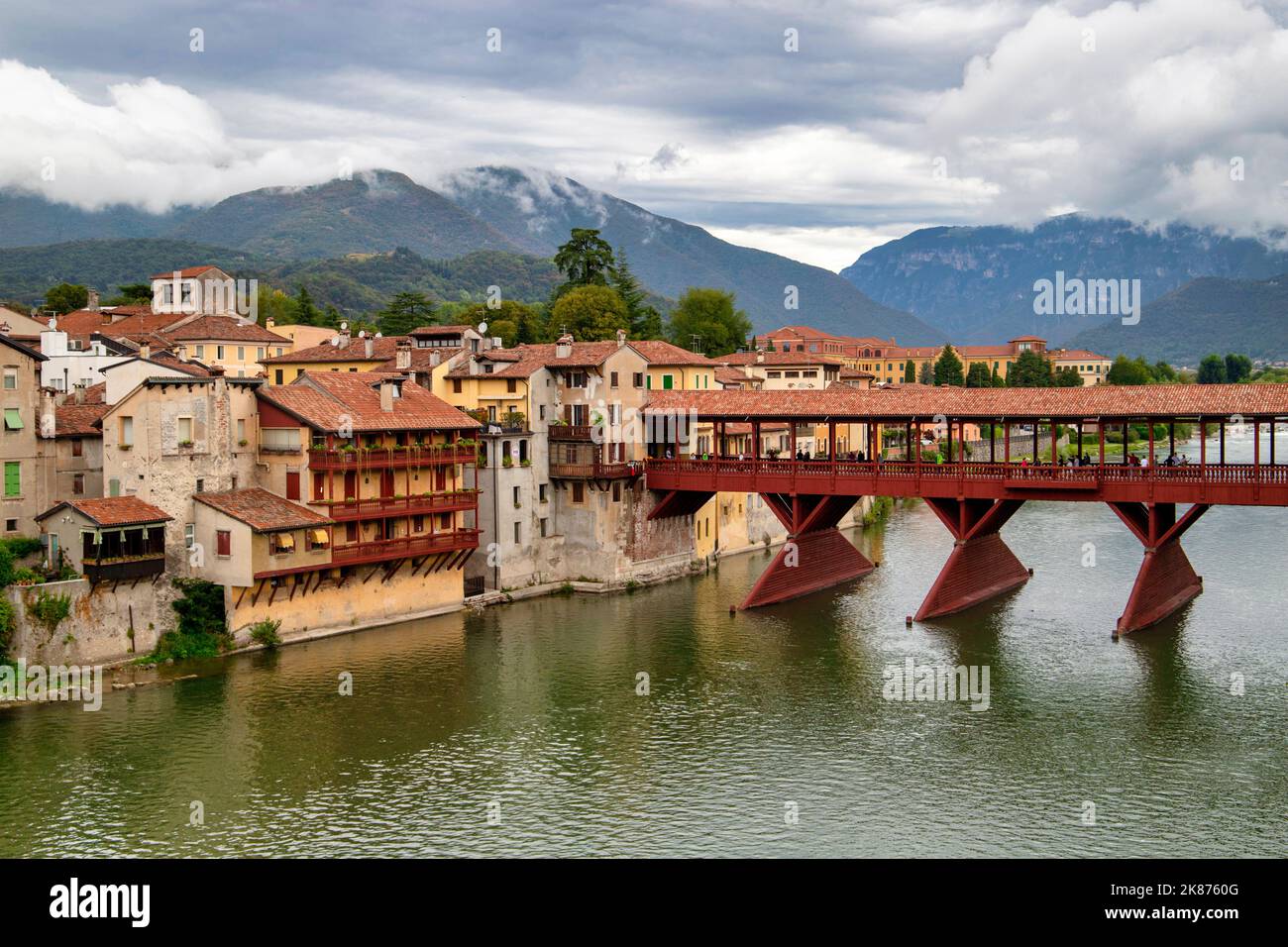 View of the historic center with the Brenta River and the old bridge, Bassano del Grappa, Vicenza, UNESCO World Heritage Site, Veneto, Italy, Europe Stock Photo