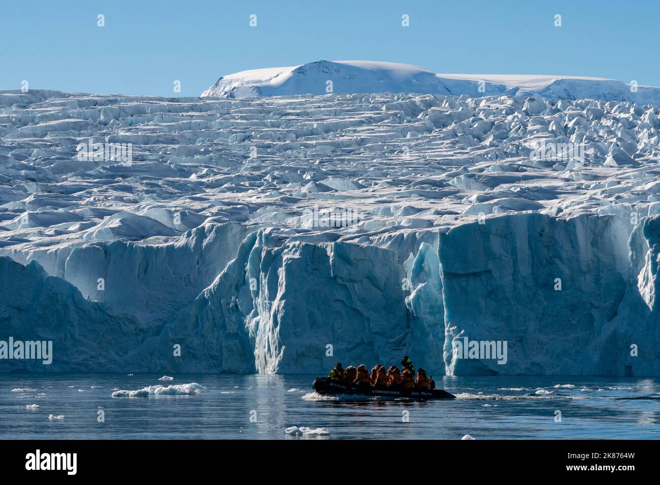 National Geographic Expeditions, Ponant guests exploring the glacier of Larsen Inlet, Weddell Sea, Antarctica, Polar Regions Stock Photo