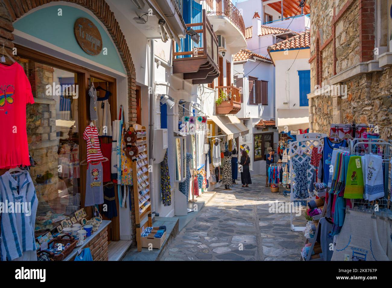 View of shops in narrow street, Skopelos Town, Skopelos Island