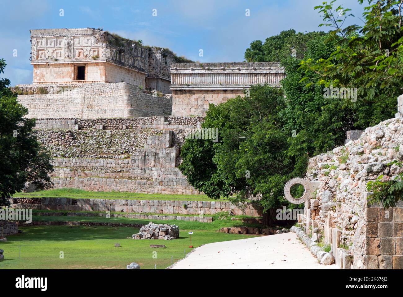 The Maya archeological site of Uxmal in Yucatan, Mexico. Mayan ruins with the Ballcourt and the Governor's Palace as attractions for tourism and trave Stock Photo