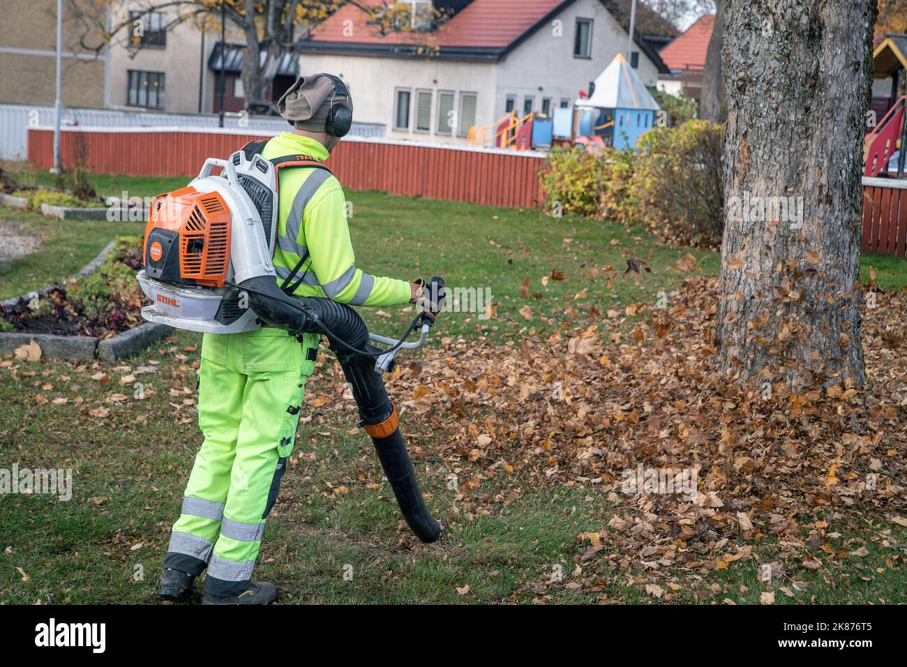 leaf blowing in Malmkoping. removal of autumn leaves in a city park, Stock Photo