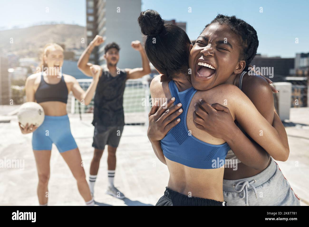 Football winner, sports and team celebrate game, competition goals or