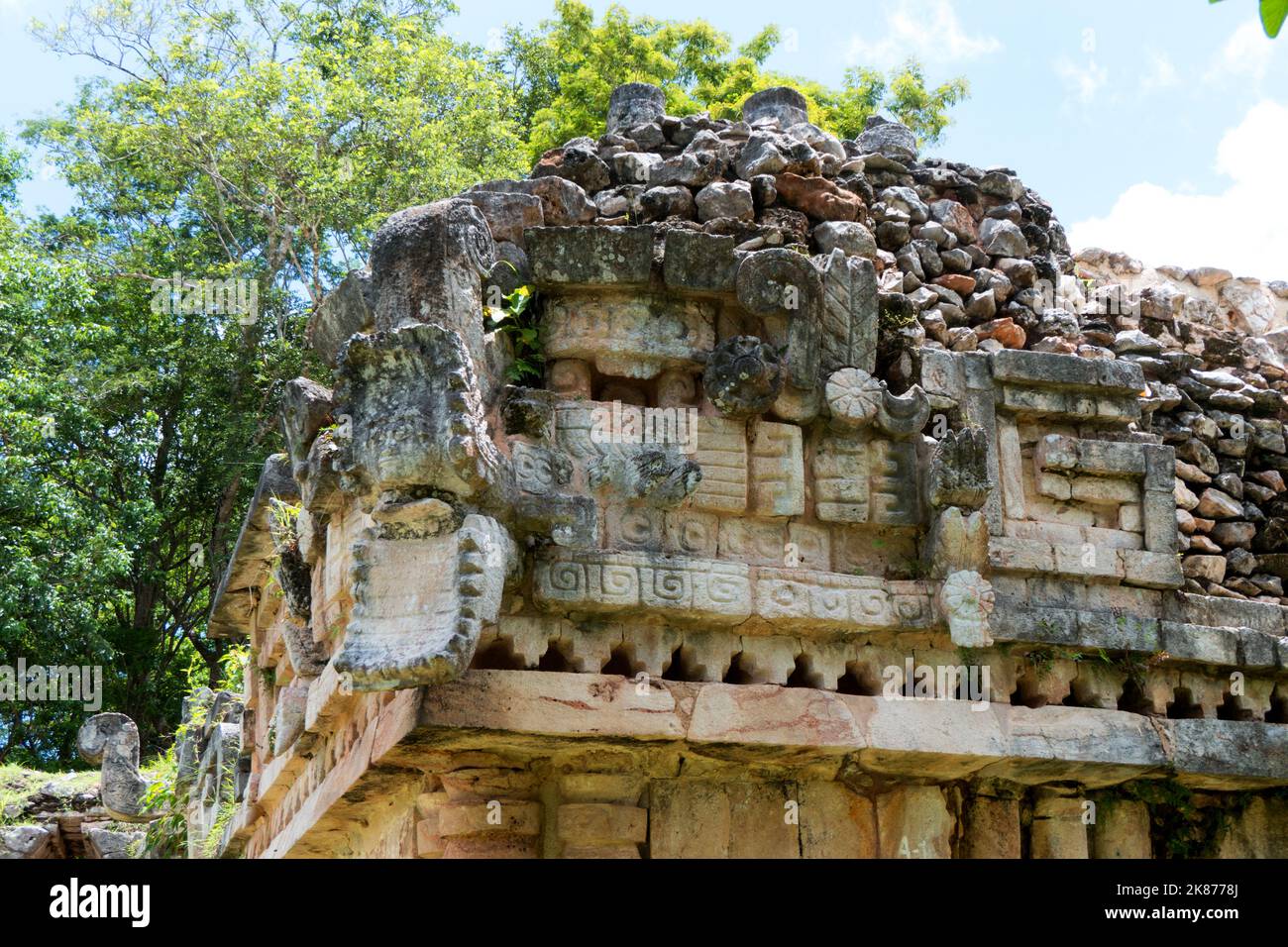 The Palace at the Maya site of Labna, Yucatan, Mexico. Old Mayan building along the Ruta Puuc. UNESCO World Heritage Site. Detail of the Ancestor Stock Photo