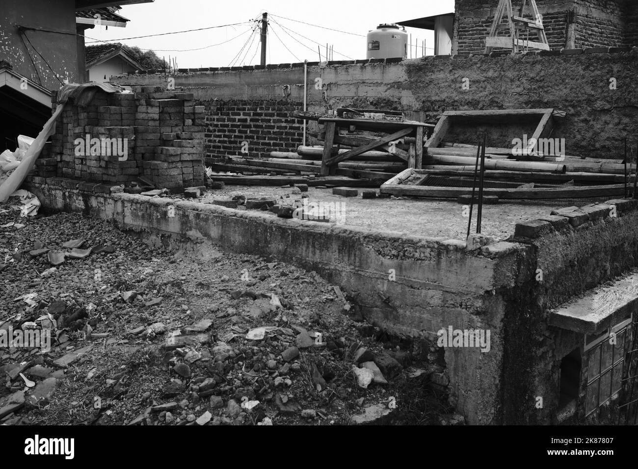 Monochrome Photo, Black and white photo of building debris after demolition of houses in Cikancung area - Indonesia Stock Photo