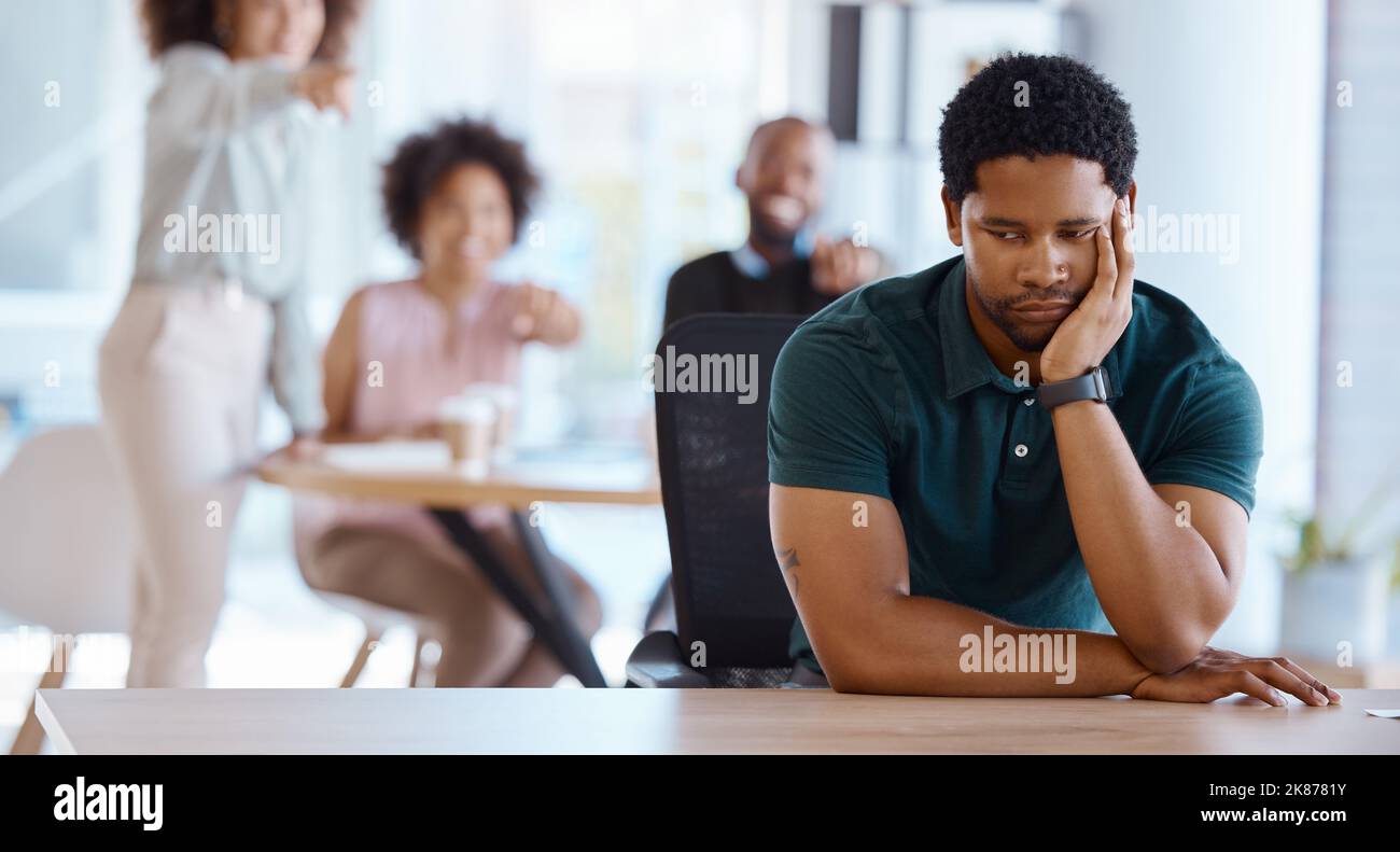 Workplace bullying, depression and gossip of businessman with anxiety, mental health and pointing employees in office conflict. Lonely, depressed and Stock Photo