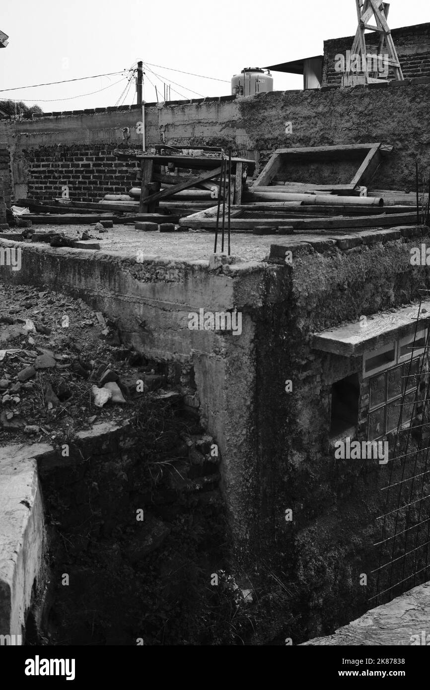 Monochrome Photo, Black and white photo of building debris after demolition of houses in Cikancung area - Indonesia Stock Photo