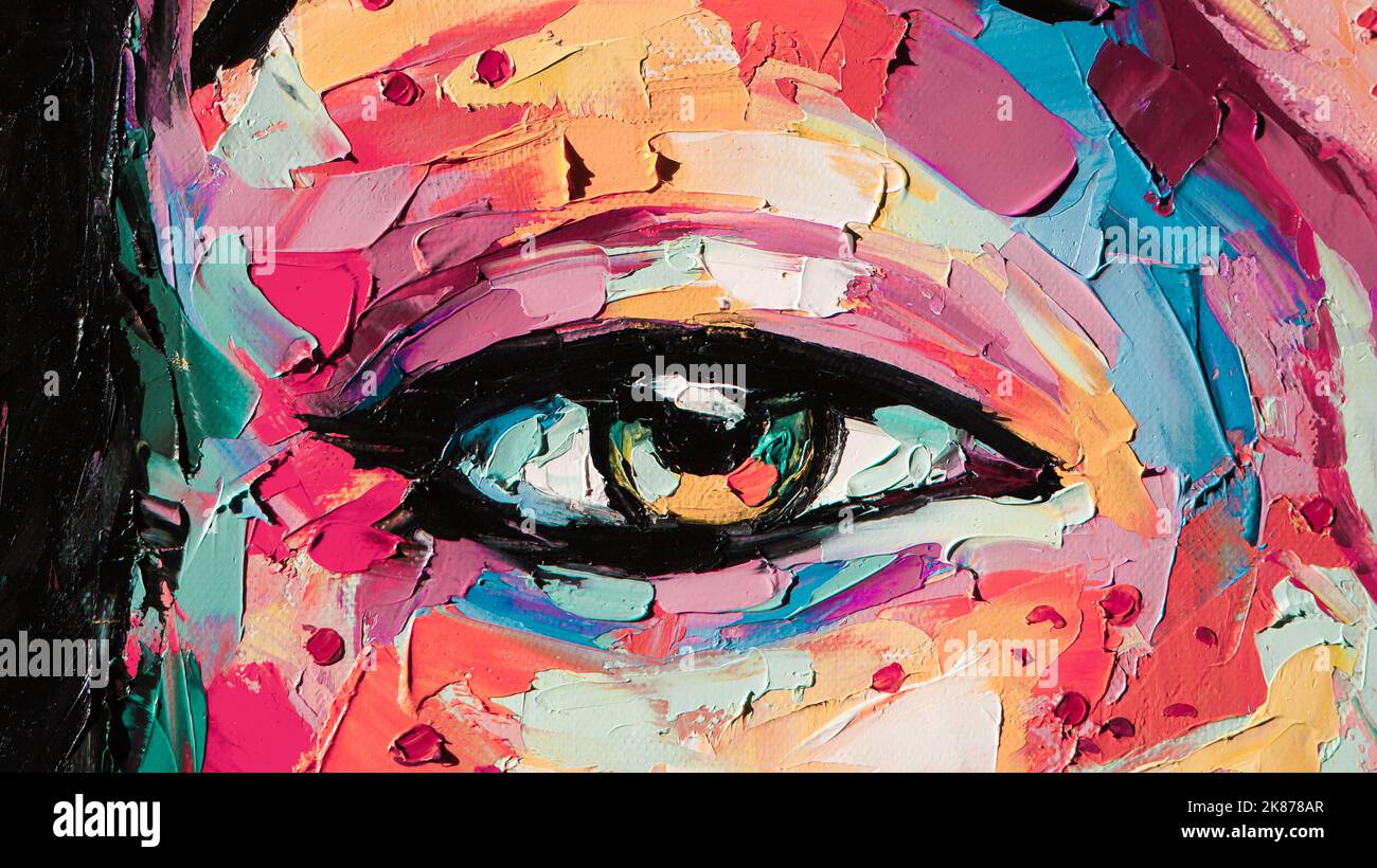 Closeup painting oil and palette knife on canvas. Big eyes close up for decoration and interior, canvas art. Stock Photo