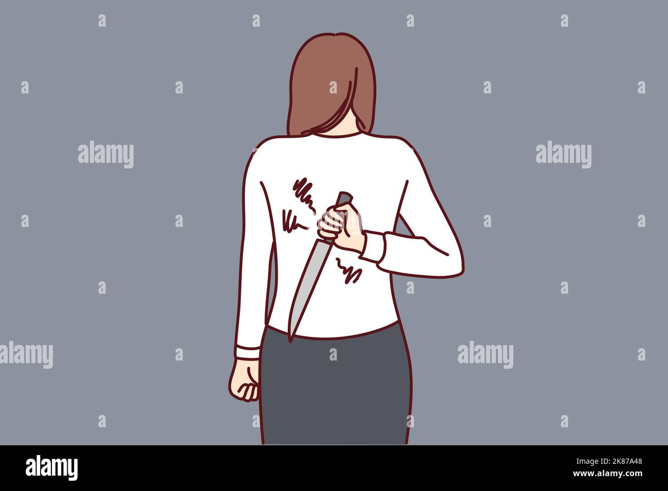 Woman hiding knife behind back ready to betray or attack. Businesswoman with weapon hidden. Risky deal or rivalry. Vector illustration.  Stock Vector