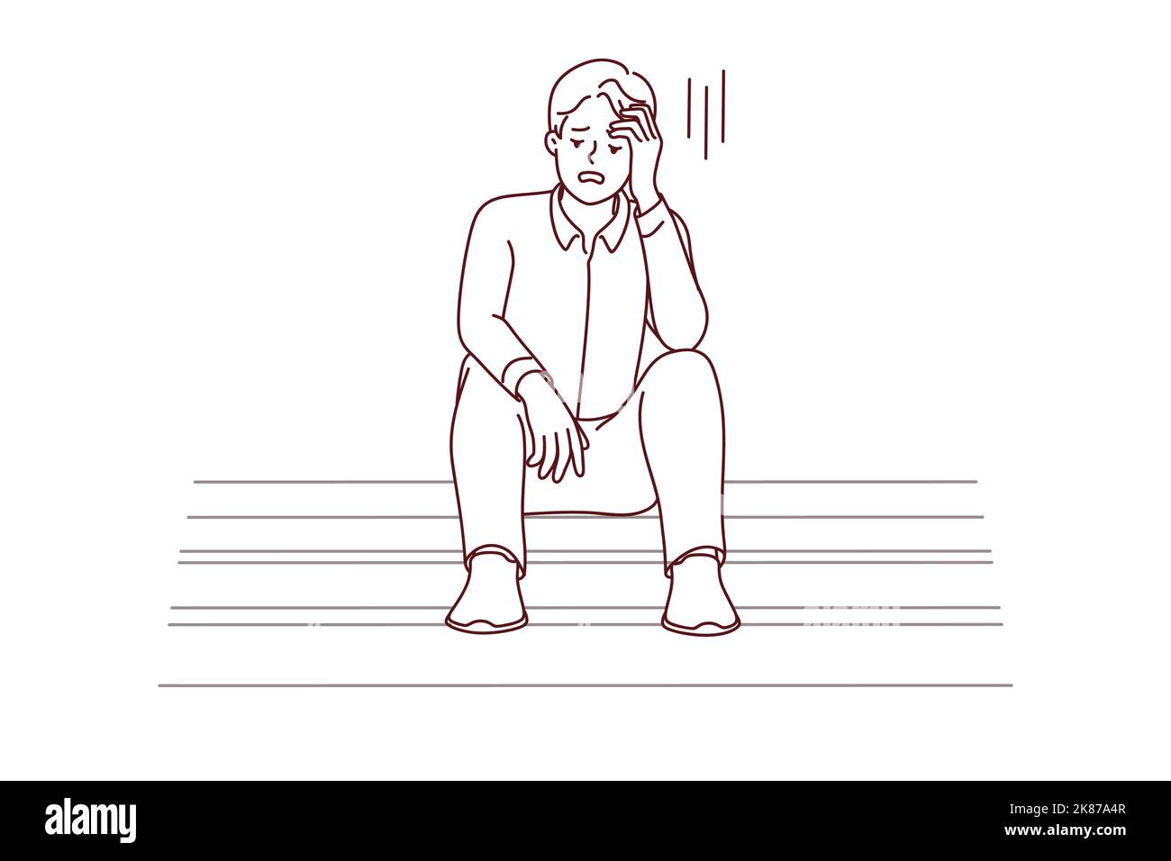 Unhappy young man sit on stairs feel distressed with job loss or failure. Upset male stressed with life or business problems, look for solution. Vector illustration.  Stock Vector