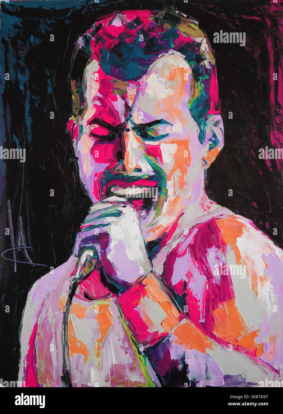 Oil portrait painting in multicolored tones. Portrait of singing Freddie Mercury. Conceptual closeup of an oil painting and palette knife on canvas. Stock Photo