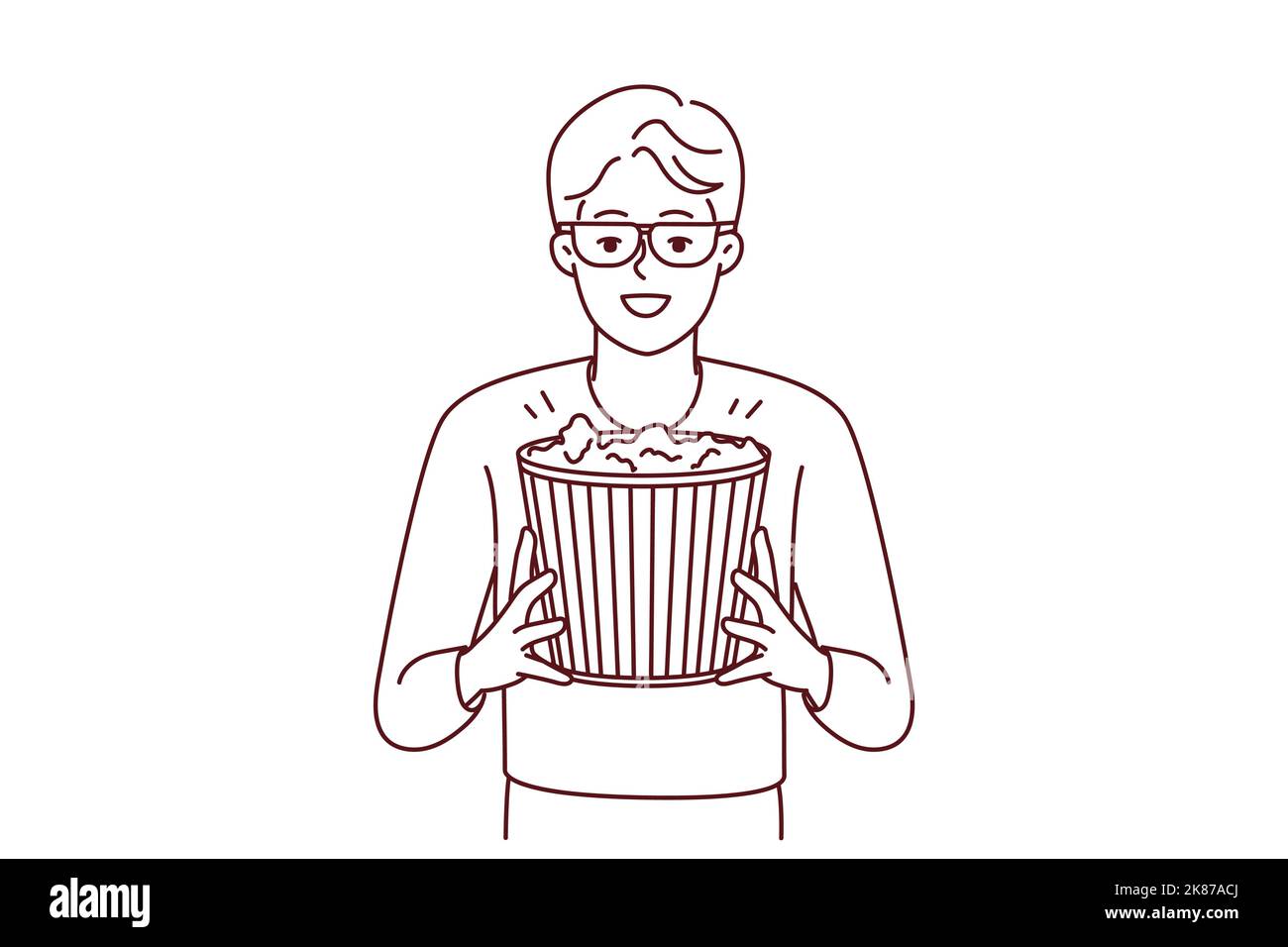 Happy young man in 3D glasses and popcorn in hands enjoy weekend in