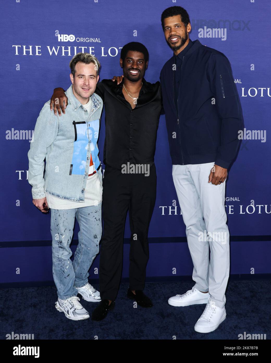 Hollywood, USA. 20th Oct, 2022. HOLLYWOOD, LOS ANGELES, CALIFORNIA, USA - OCTOBER 20: Max Borenstein, Delante Desouza and Solomon Hughes arrive at the Los Angeles Premiere Of HBO's Original Series 'The White Lotus' Season 2 held at Goya Studios on October 20, 2022 in Hollywood, Los Angeles, California, USA. (Photo by David Acosta/Image Press Agency) Credit: Image Press Agency/Alamy Live News Stock Photo