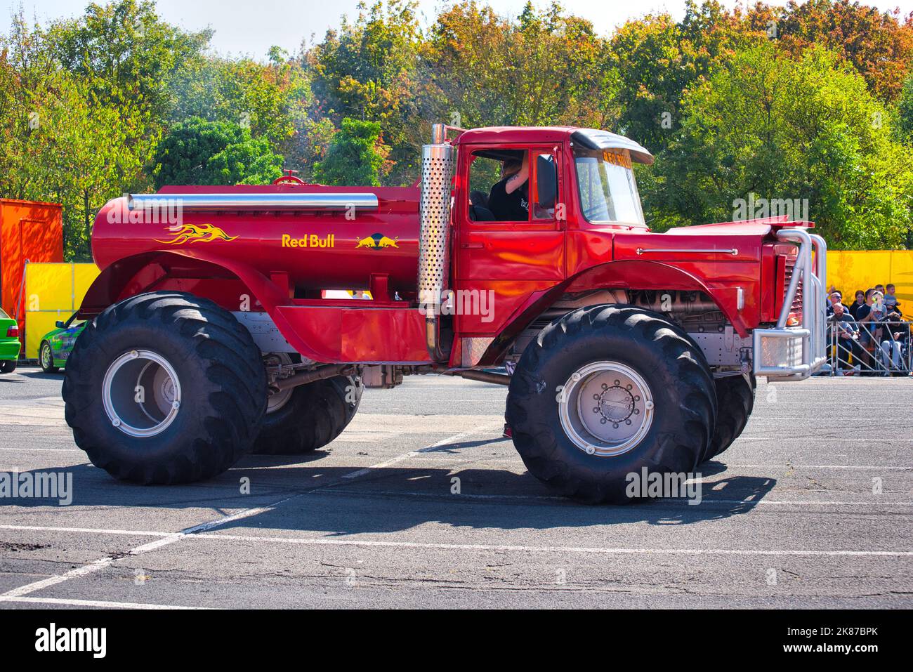FRANKFURT AM MAIN GERMANY SEPT 2022 Red Monster Truck Gasoline FRANKFURT AM MAIN GERMANY SEPT 2022 Red Monster Truck Gasoline