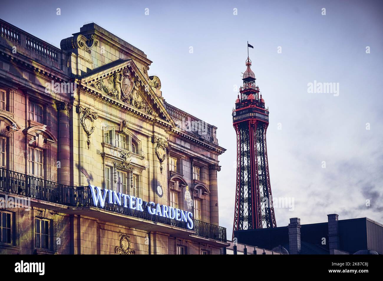Front of the Winter Gardens and Blackpool Tower during the illuminations Stock Photo