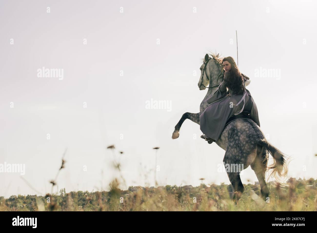 Young woman in image of ancient rider warrior sits on gray rearing up horse with sword in her hand against background of sky on meadow. Copy space. Stock Photo