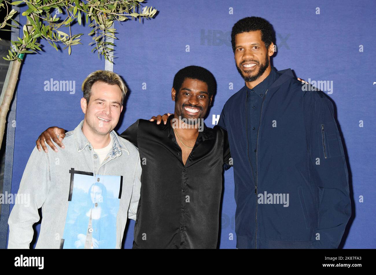 LOS ANGELES, CA - OCTOBER 20: (L-R) Max Borenstein, Delante Desouza and Solomon Hughes attend the Los Angeles Season 2 Premiere of HBO Original Series Stock Photo