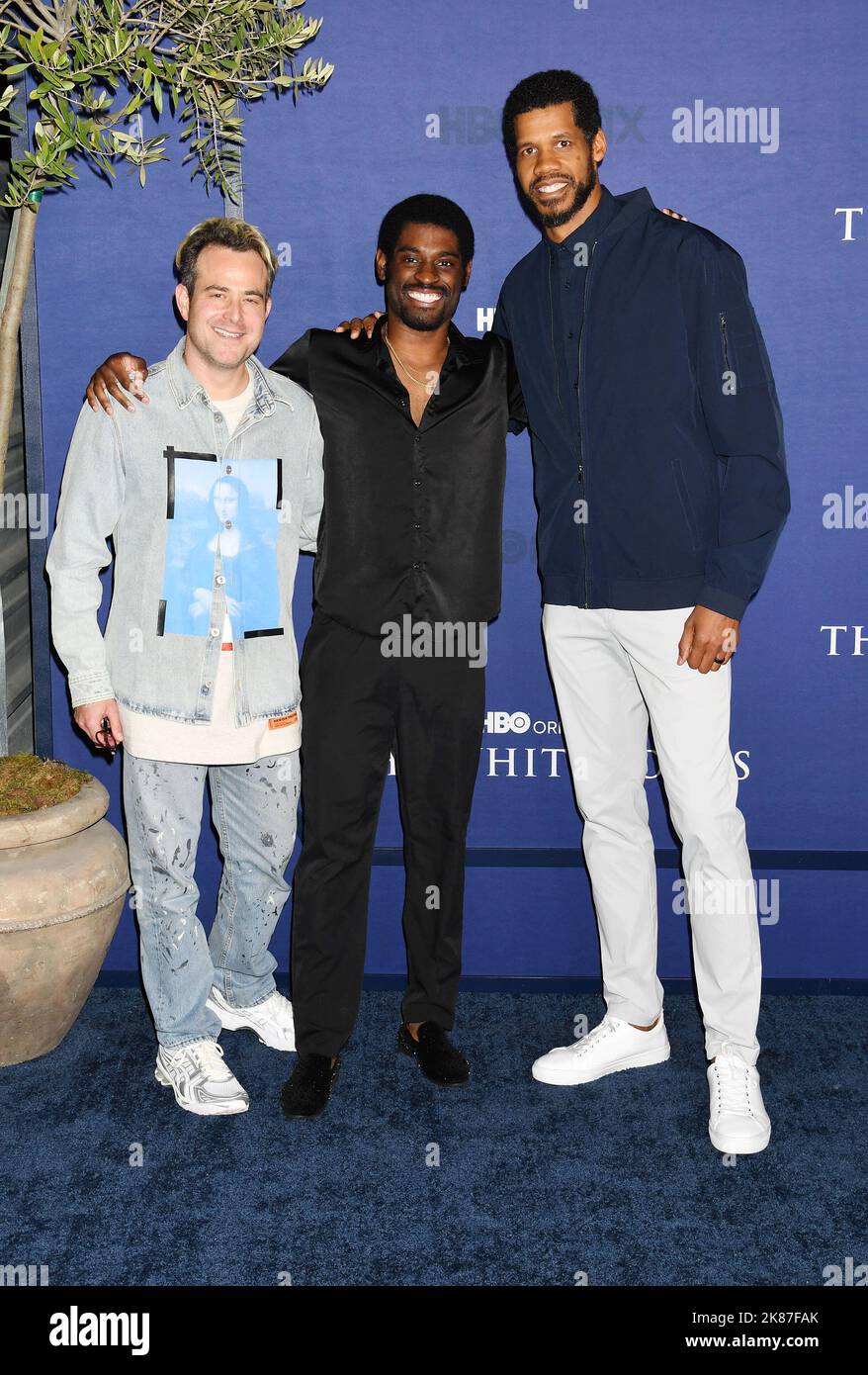 LOS ANGELES, CA - OCTOBER 20: (L-R) Max Borenstein, Delante Desouza and Solomon Hughes attend the Los Angeles Season 2 Premiere of HBO Original Series Stock Photo