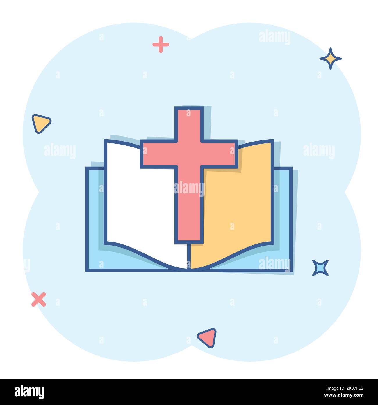 Bible book icon in comic style. Church faith cartoon vector illustration on white isolated background. Spirituality splash effect business concept. Stock Vector