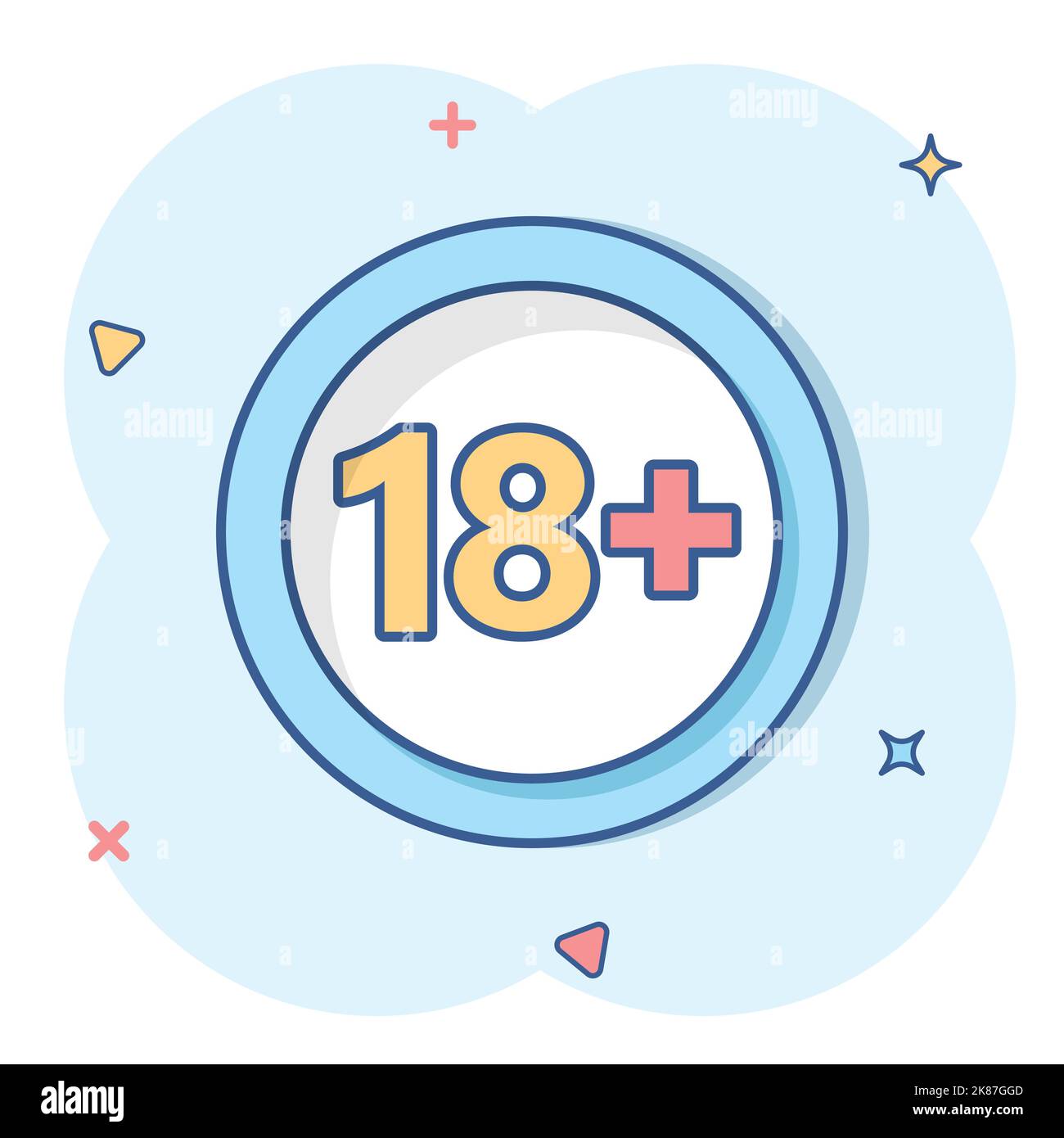 18 plus icon in comic style. Adult only cartoon vector illustration on white isolated background. Forbidden child splash effect business concept. Stock Vector