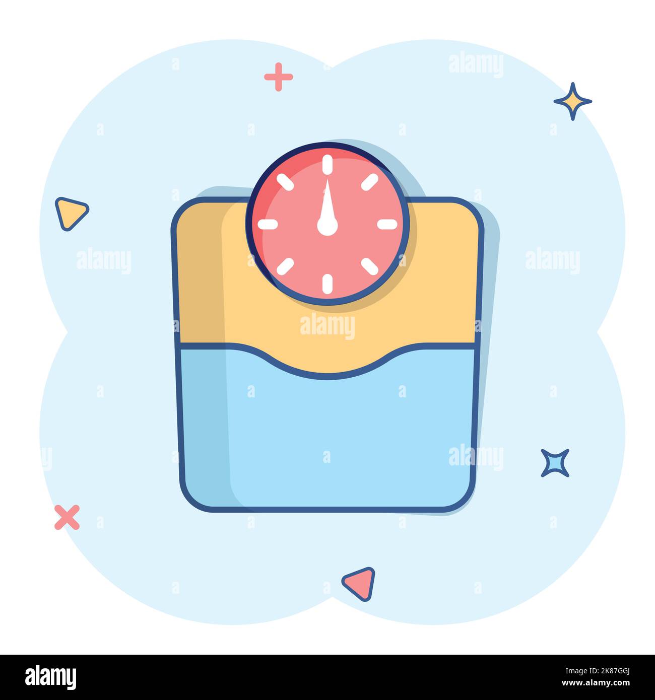 Scale icon in comic style. Balance cartoon vector illustration on white isolated background