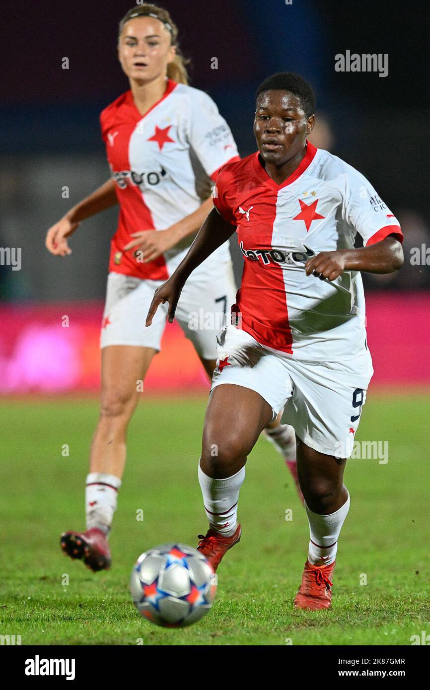 Marjolen Wafula Nekesa of Slavia (left) celebrates goal during the final  round of women Champions