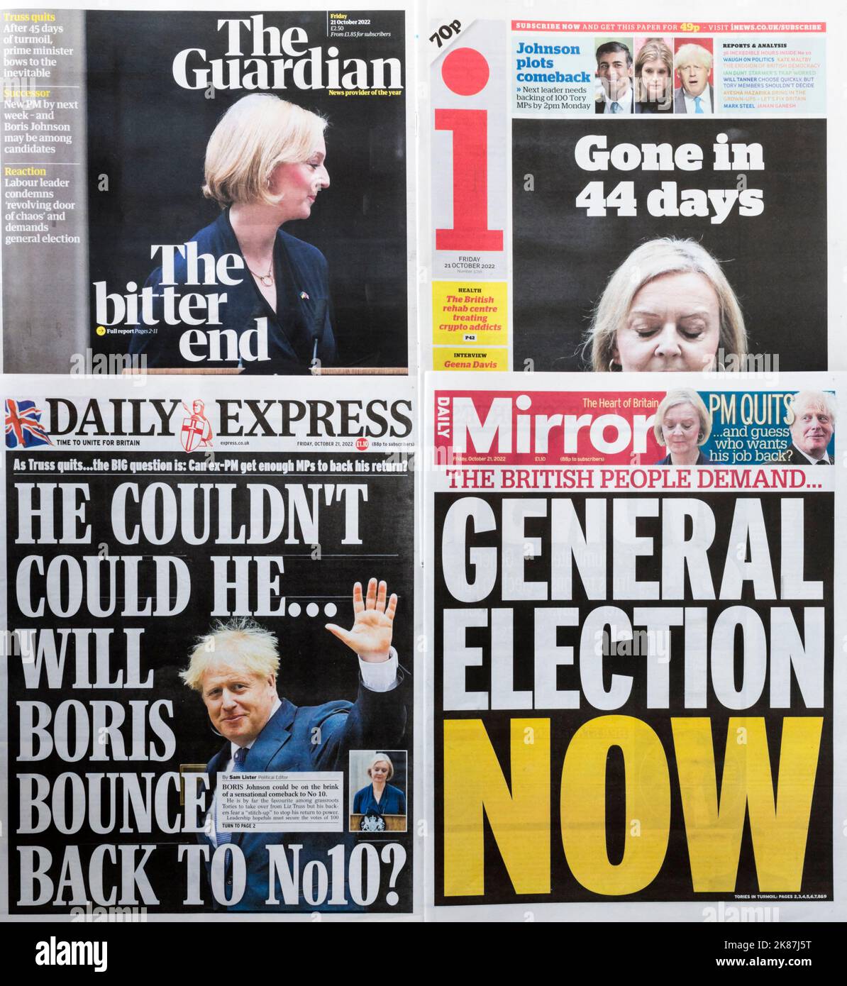21 October 2022. A selection of newspaper front page headlines following the resignation of Liz Truss as Prime Minister and leader of the Conservative party the previous day. Stock Photo