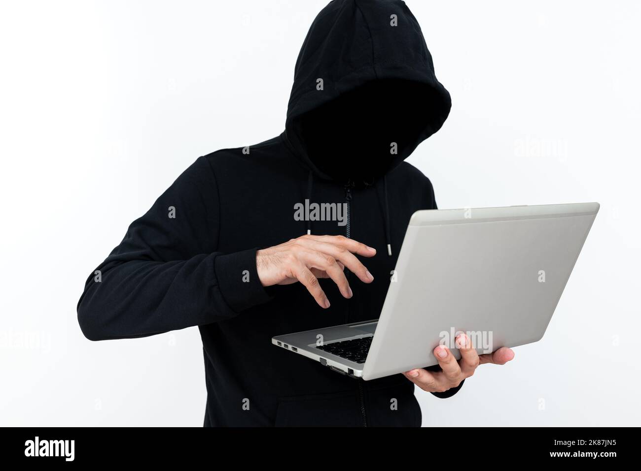 Man Using Computer Cyber Security Man Standing With Laptop Presenting Cyber Security. Businessman ...