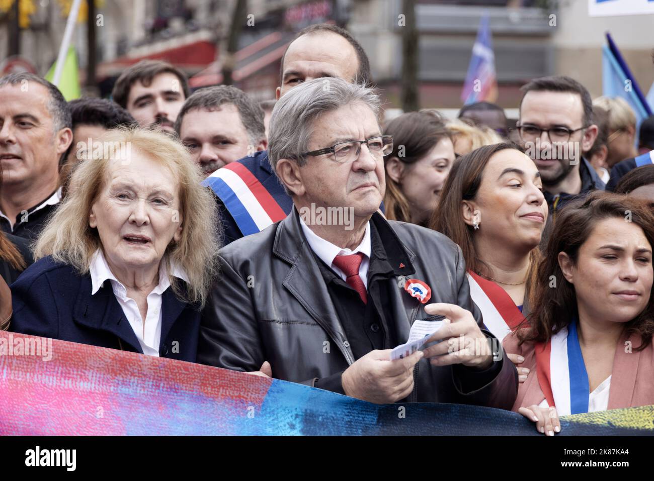 Paris, France. 16th Oct, 2022. Annie Ernaux and Jean-Luc Melenchon attends the demonstration for higher wages, retirement pensions, social minima Stock Photo