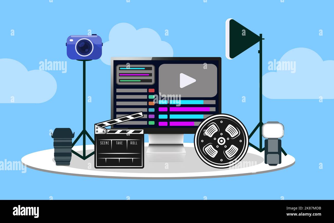 Videography Concept and Video Editing Gear Design Flat. Modern Computer