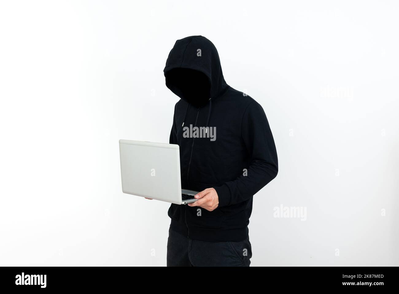 Man Using Computer Cyber Security Man Standing With Laptop Presenting Cyber Security. Businessman ...