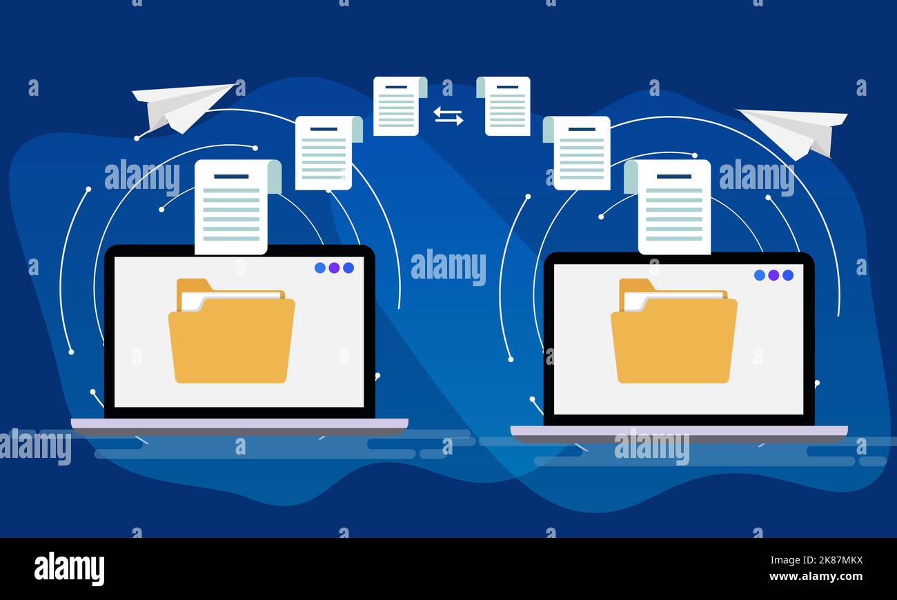 Transferring Files Between two laptop Design flat Animation. Send Receive Data with modern computers. Digital Information and data Exchange Concept wi Stock Photo